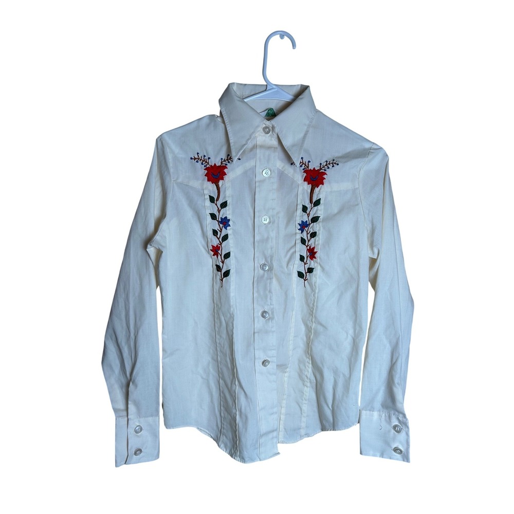 Vintage‎ Sears Roebuck Floral Embroidered Western Shirt Cream Button Down Blouse